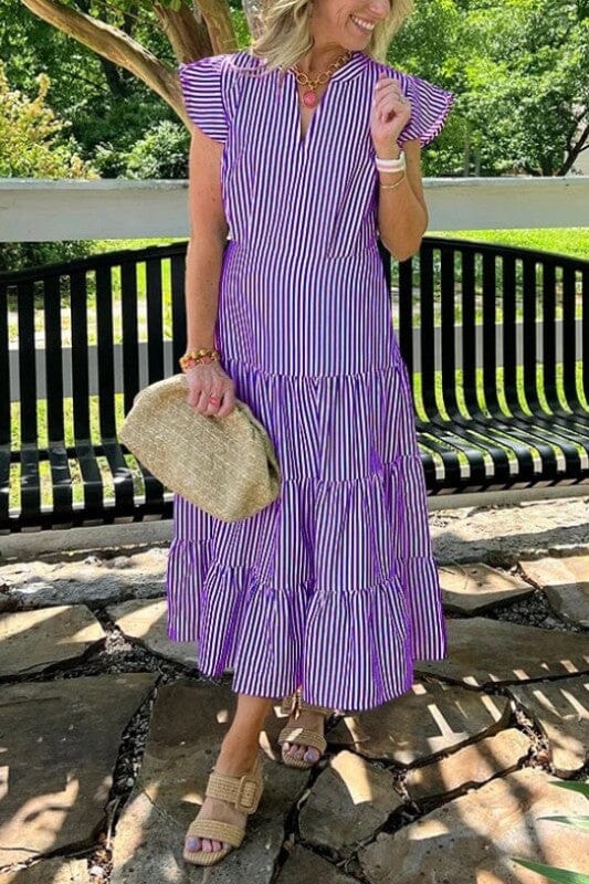 Striped Flutter Sleeve Maxi Wholesalesir small Purple 