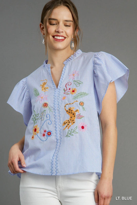 Striped Flutter Sleeve Top with Leopard and Floral Embroidery Umgee 