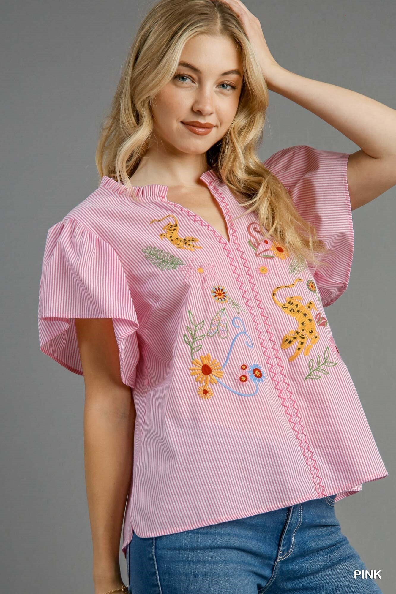 Striped Flutter Sleeve Top with Leopard and Floral Embroidery Umgee 