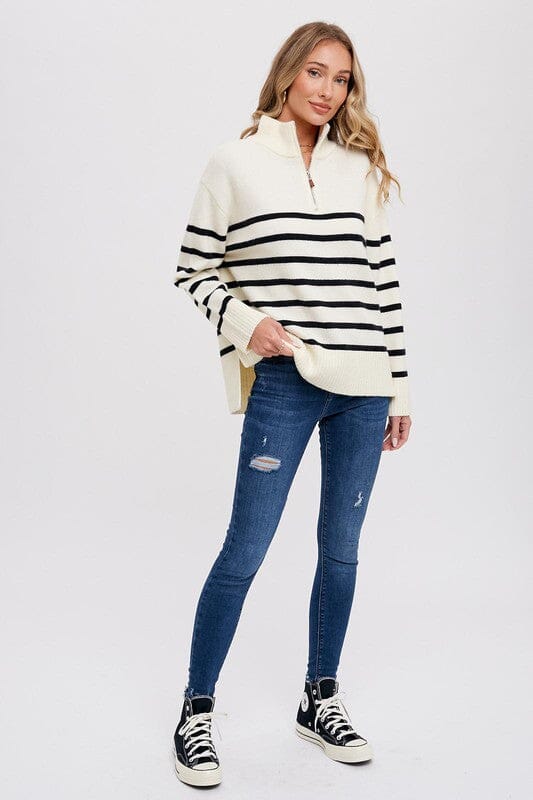Blue Stripe Quarter Zip Collar Pullover Long Sleeve Top