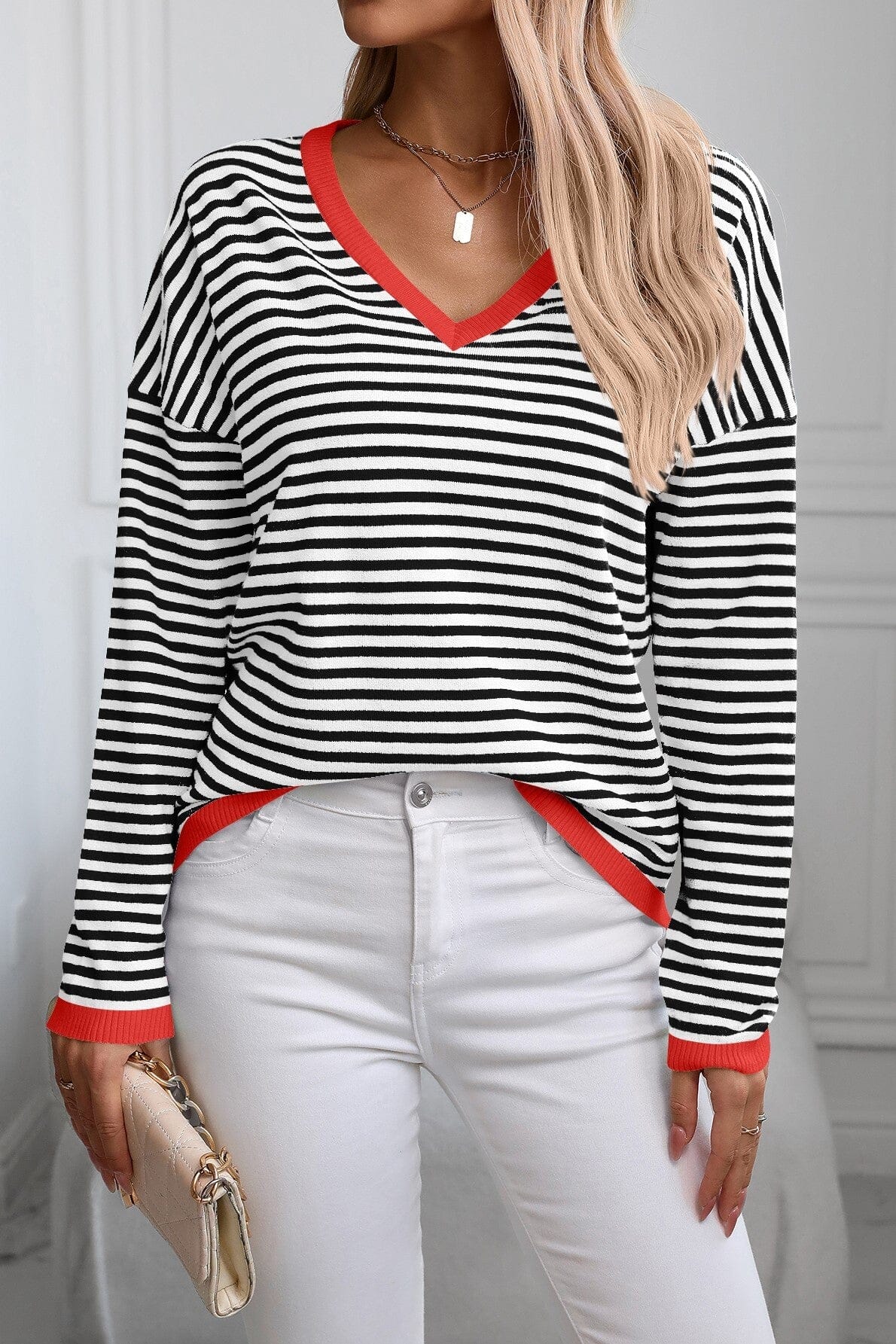 Striped V Neck Dropped Shoulder Sweater Asia Direct 