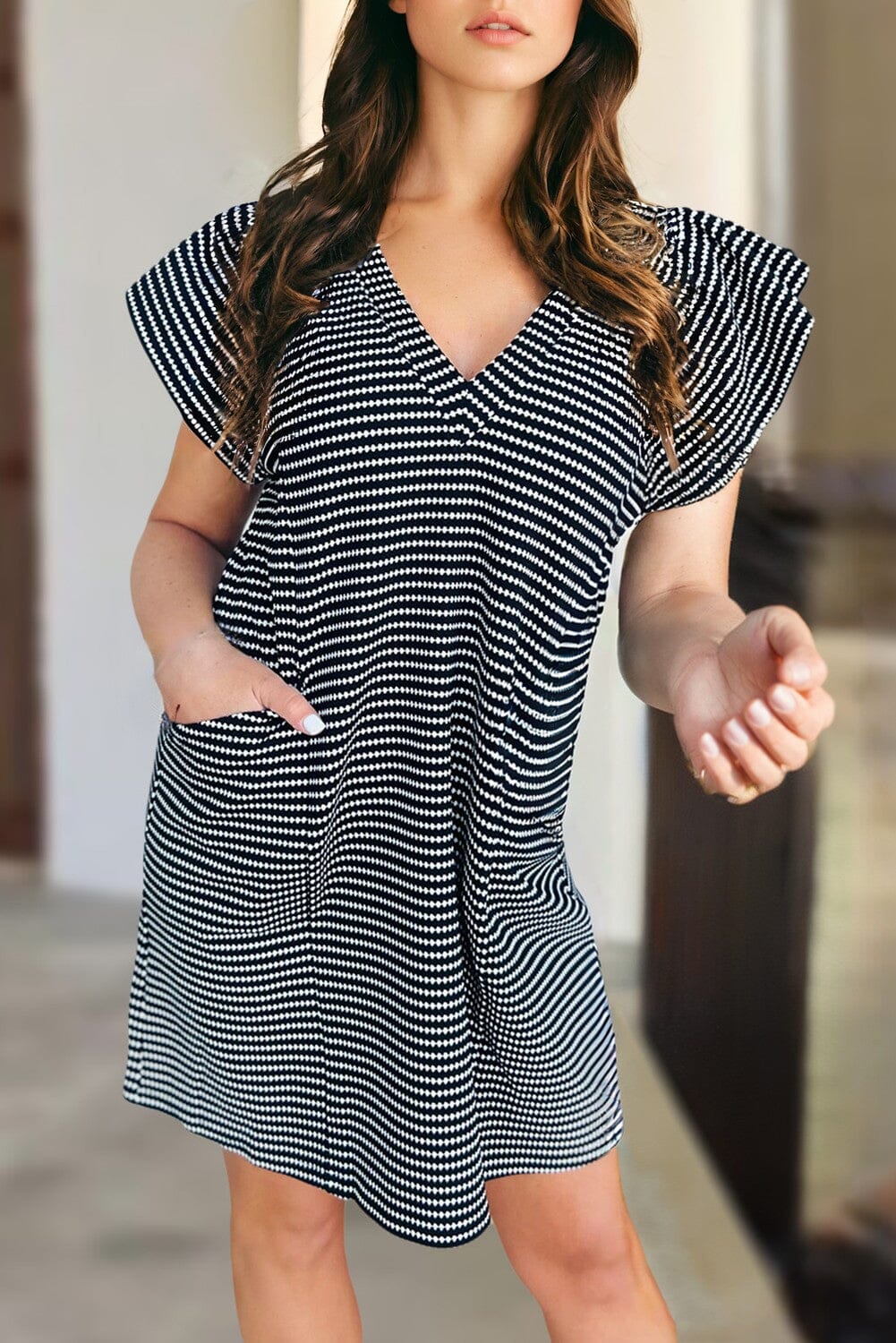 Striped V Neck Flutter Sleeve Mini Dress Shewin 