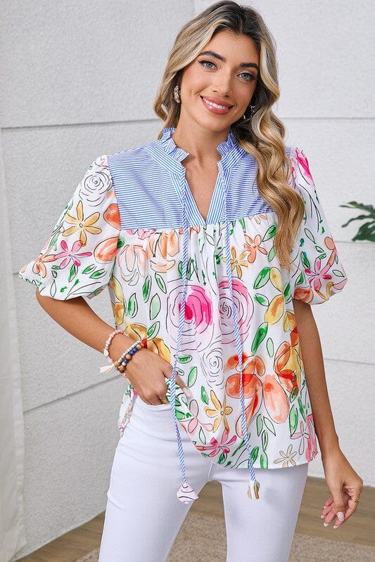 Striped Yoke Floral Frill Neck Top Shewin 