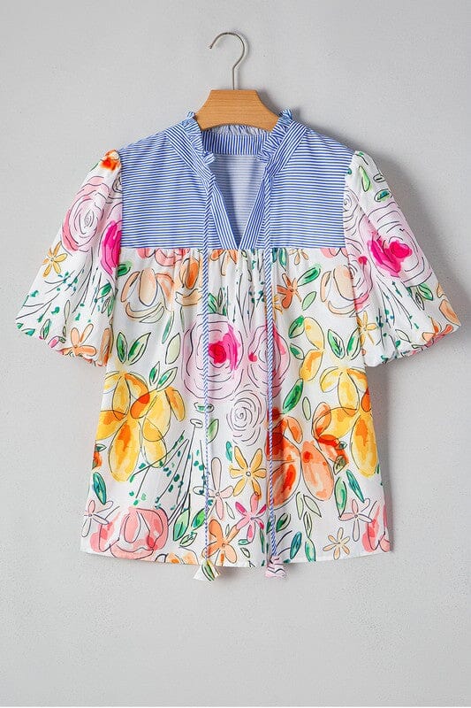 Striped Yoke Floral Frill Neck Top Shewin 