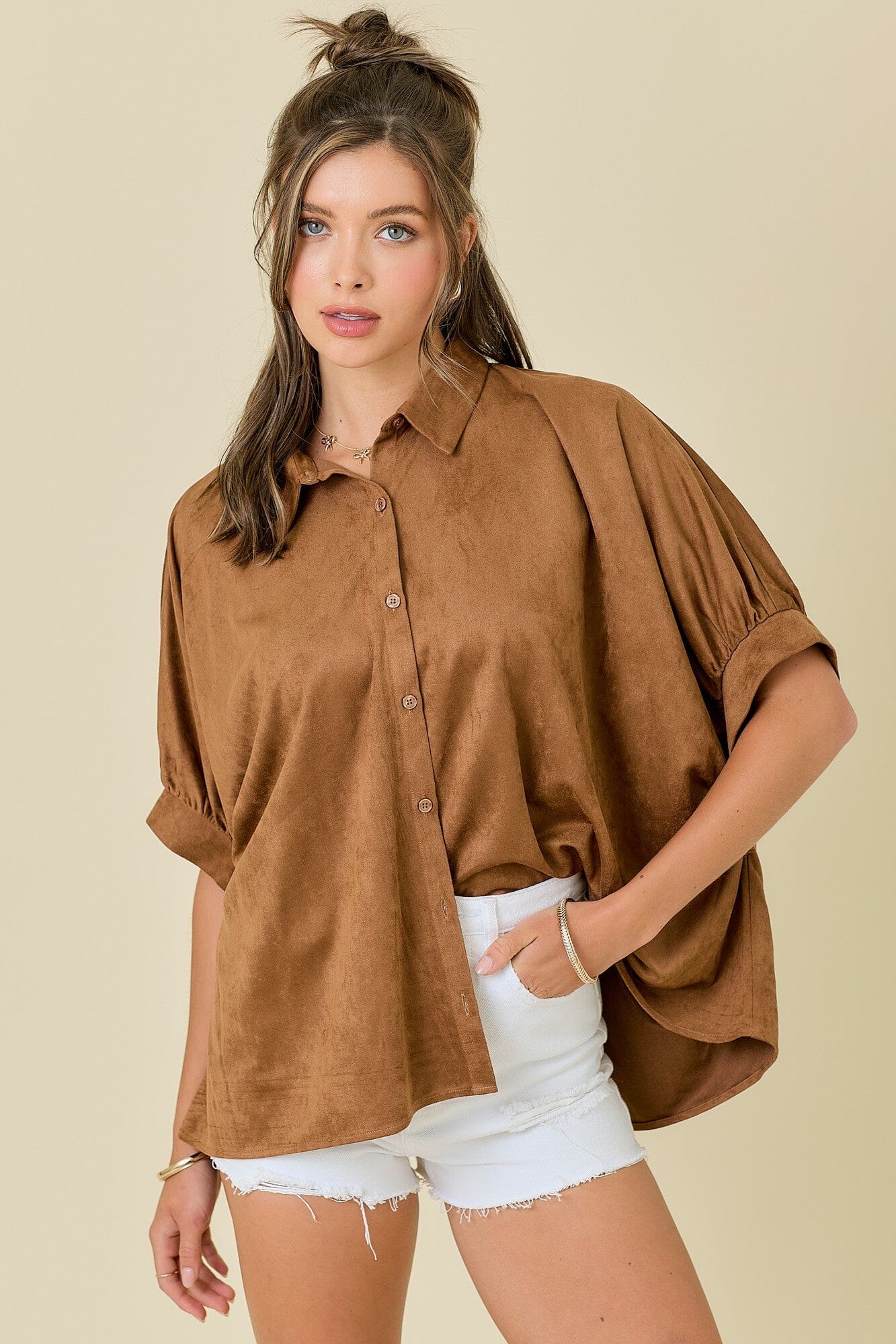 SUEDE BUTTON DOWN OVERSIZED SHIRT day + moon 