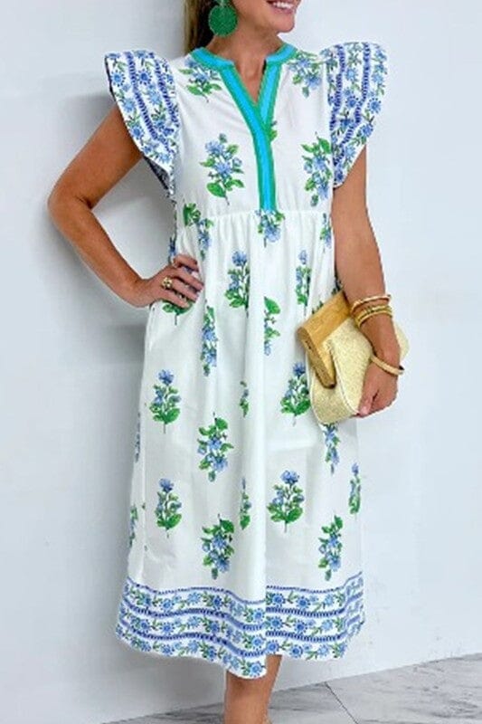 Summer Floral Flutter Sleeve Midi Shewin 