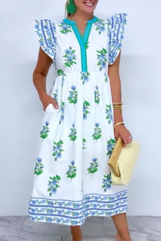 Summer Floral Flutter Sleeve Midi Shewin 