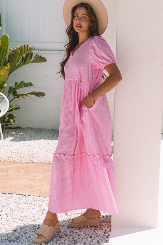 SUMMER SPECIAL - Pink Striped Puff Sleeve Maxi Shiying 