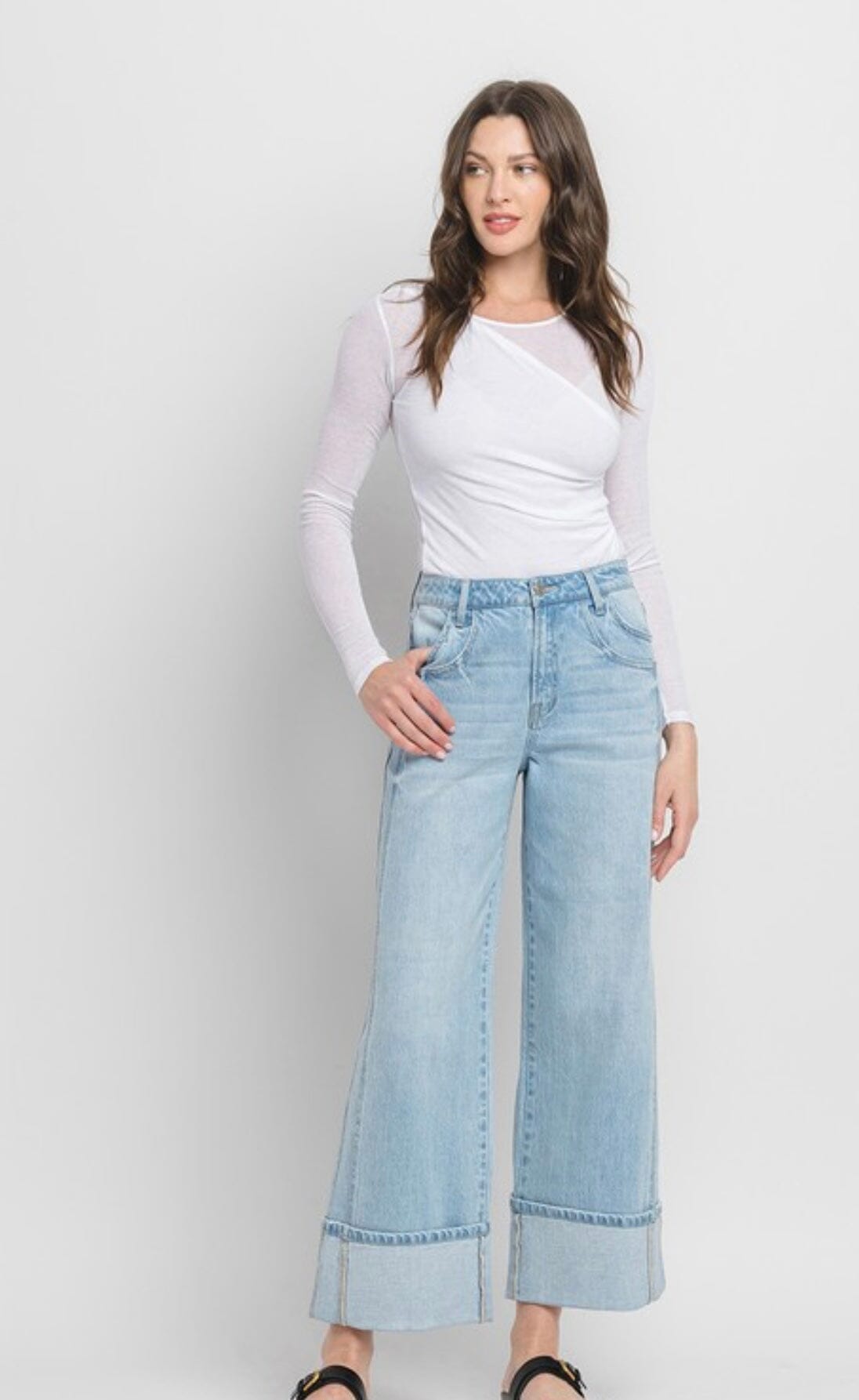 SUPER HIGH RISE CUFF BAGGY WIDE JEANS Vervet by Flying Monkey 