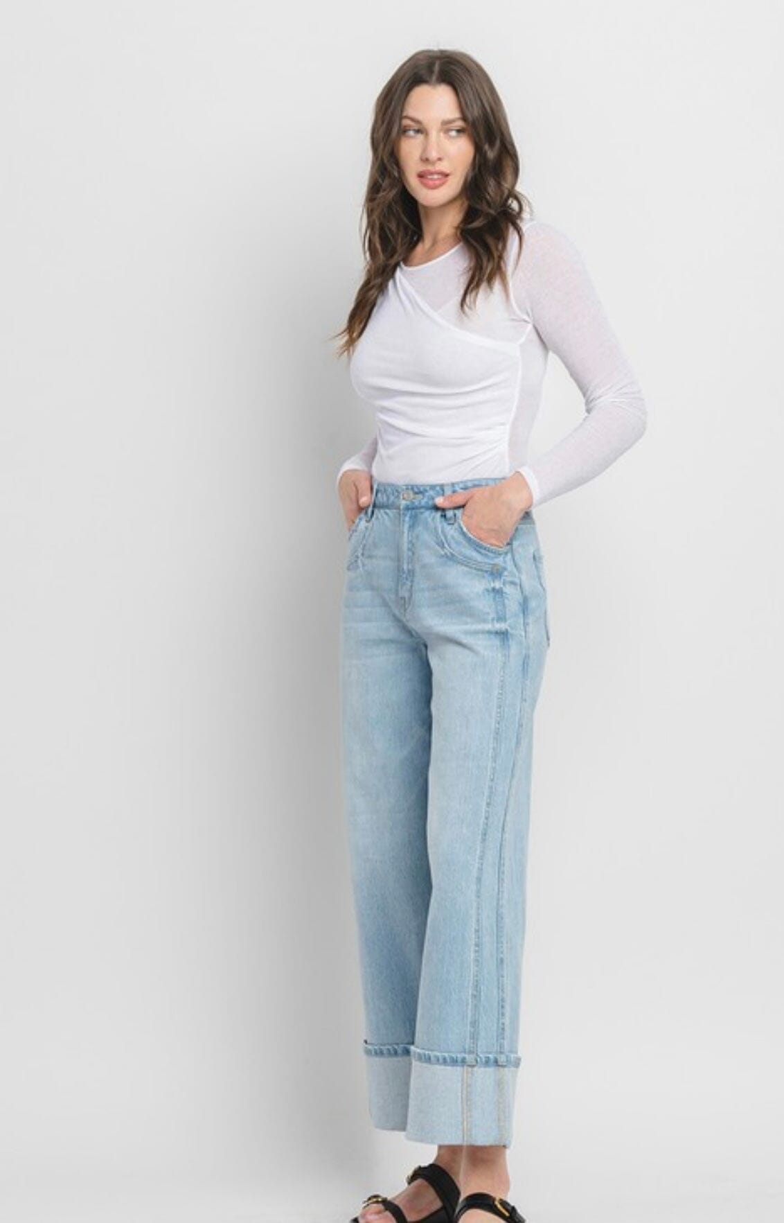 SUPER HIGH RISE CUFF BAGGY WIDE JEANS Vervet by Flying Monkey 