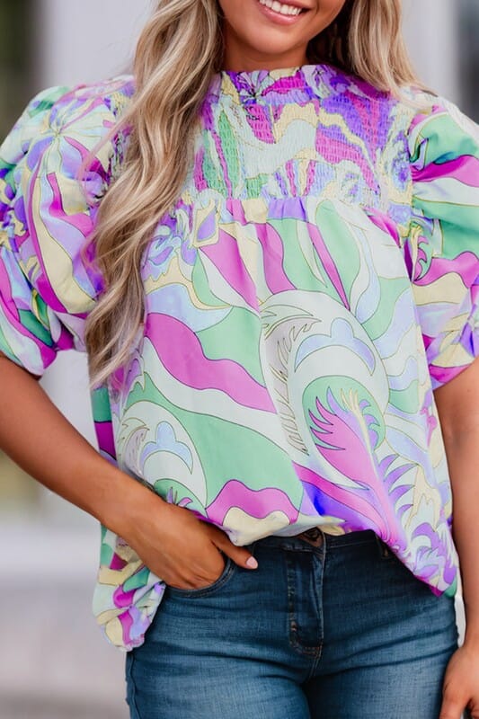 Swirly Abstract Top with Smocked Yoke Kentce 