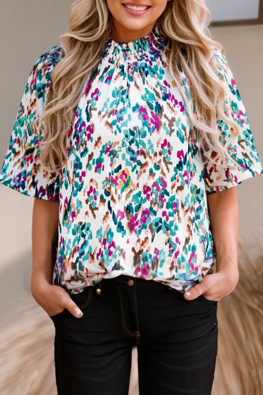 Teal and Magenta Print Mock Neck Top Kentce 