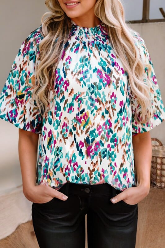 Teal and Magenta Print Mock Neck Top Kentce 