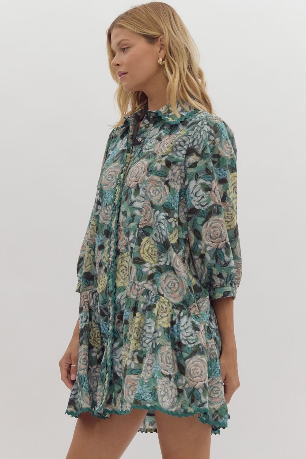 Teal Floral 3/4 Sleeve Dress with Ric Rac Trim Entro 