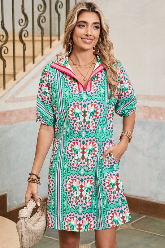 Teal Geometric Dress Shewin 