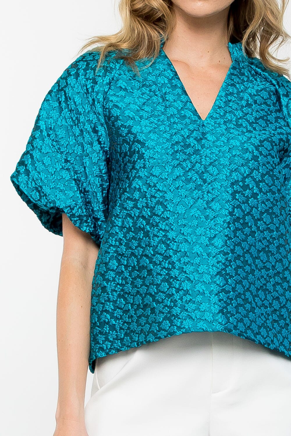 Teal Puff Sleeve Textured Top thml 