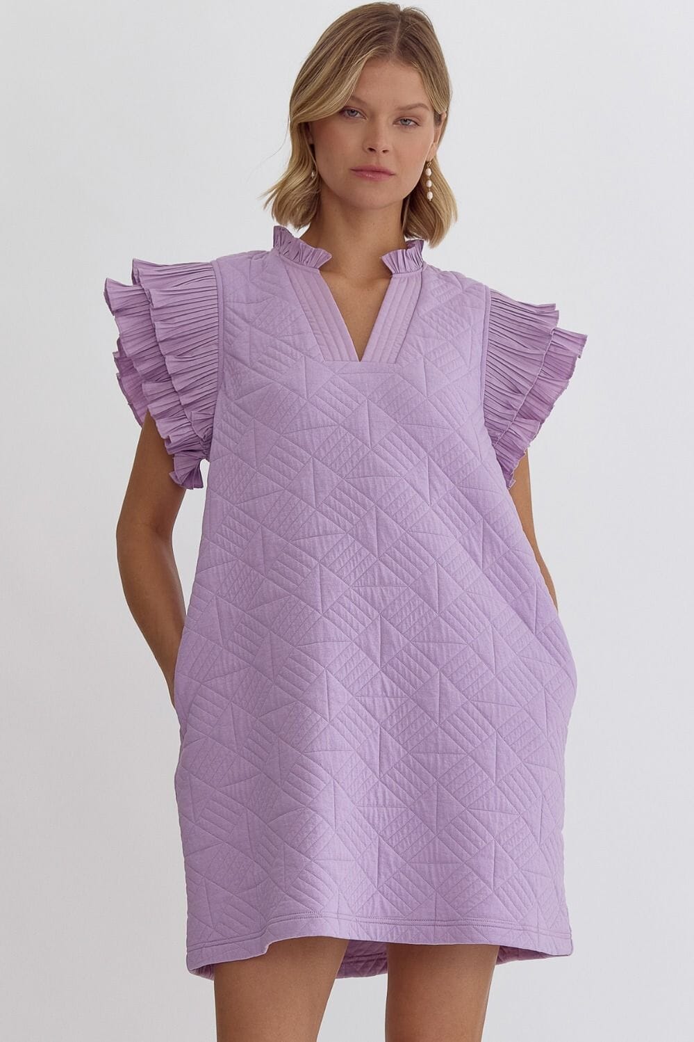 Textured Knit Dress with Pleated Flutter Sleeve entro 