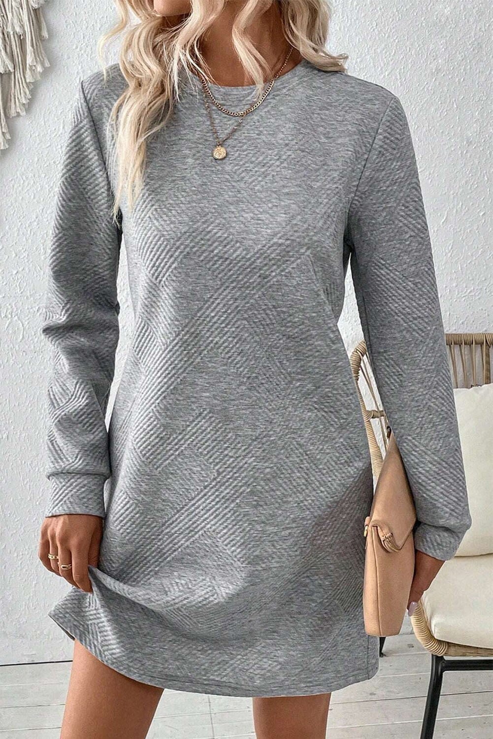 Textured Long Sleeve Shift Short Dress shewin 