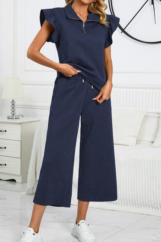 Textured Ruffled Cap Sleeve Top Wide Leg Pants Set jupiter and co 