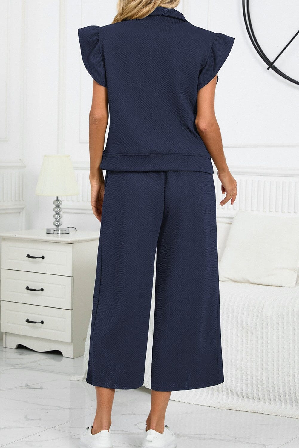 Textured Ruffled Cap Sleeve Top Wide Leg Pants Set jupiter and co 