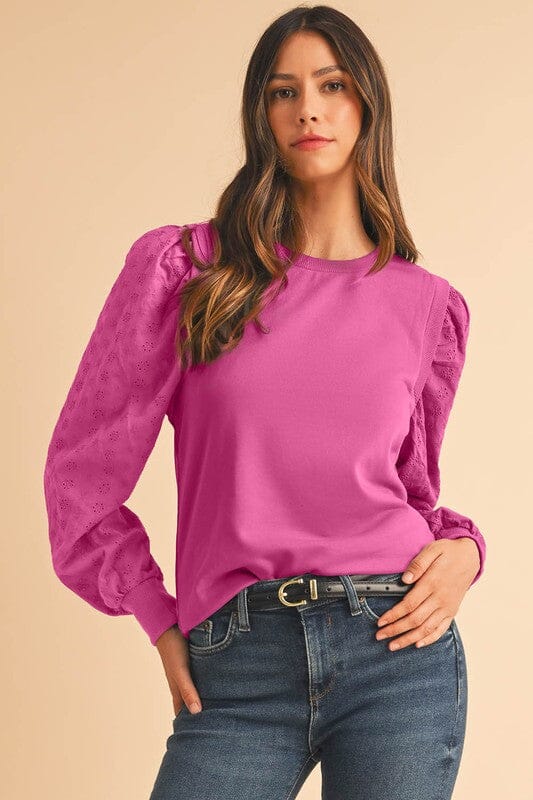 Textured Sleeve Mixed Media LS Top Shewin 