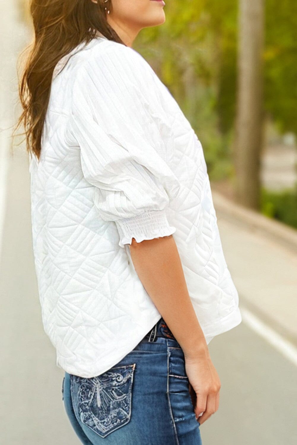 Textured White V Neck Casual Puff Sleeve Top Kentce 