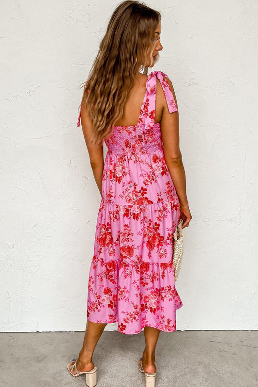 Tie Shoulder Straps Tiered Floral Dress Youmi 