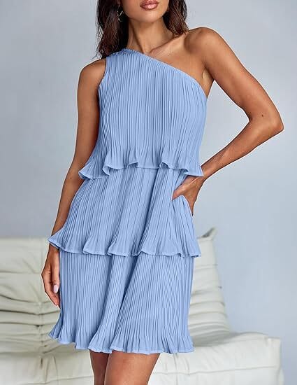 Tiered Pleated One Shoulder Dress lily clothing small Powder Blue 