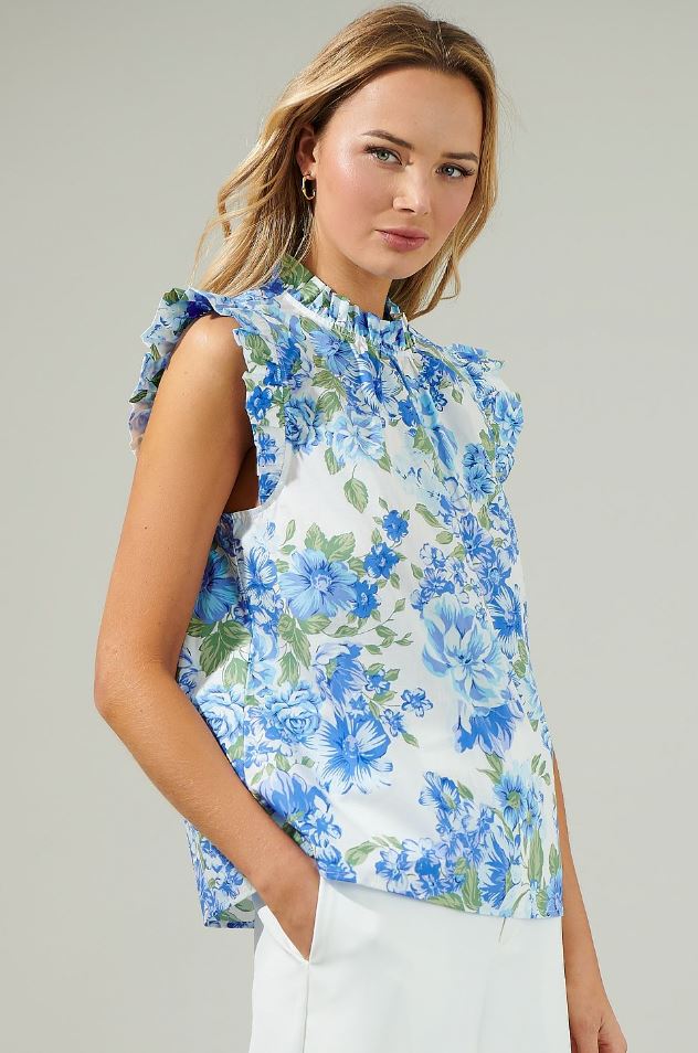 Truth Be Told Blue Floral Gabrielle Mock Neck Poplin Top Sugarlips 