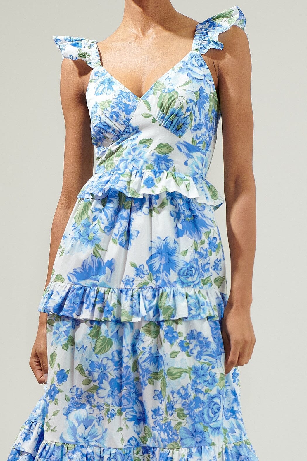 Truth Be Told Blue Floral Tiered Midi Dress Sugarlips 