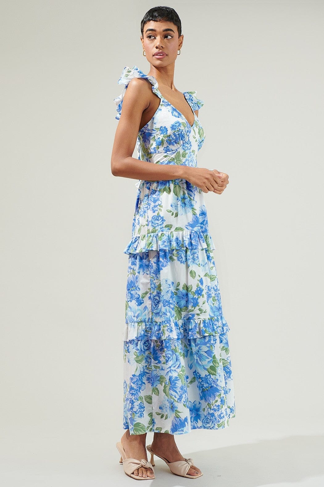 Truth Be Told Blue Floral Tiered Midi Dress Sugarlips 