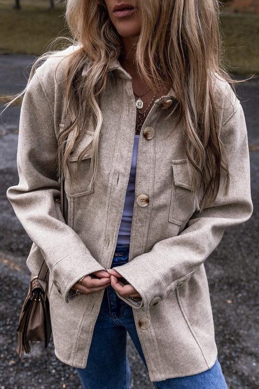 Turn Down Collar Flap Pockets Buttoned Shacket Kentce 