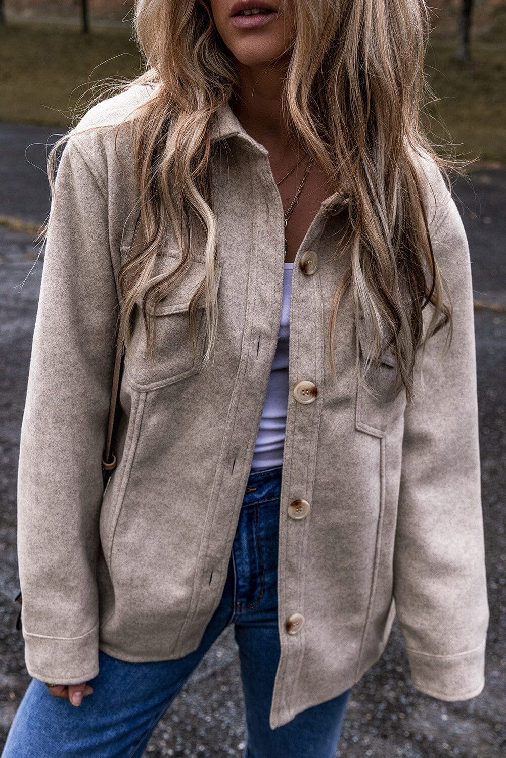 Turn Down Collar Flap Pockets Buttoned Shacket Kentce 