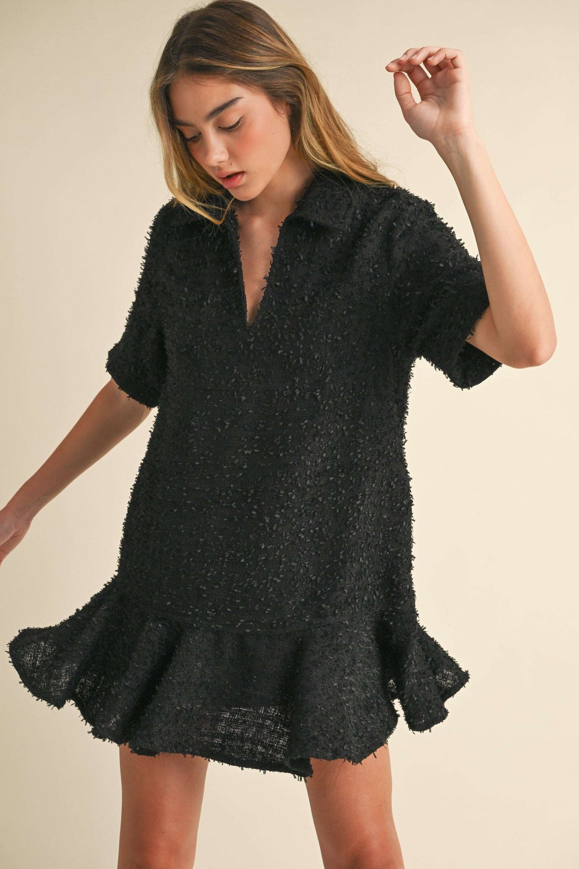 TWEED COLLAR RUFFLE HEM MINI DRESS mable 