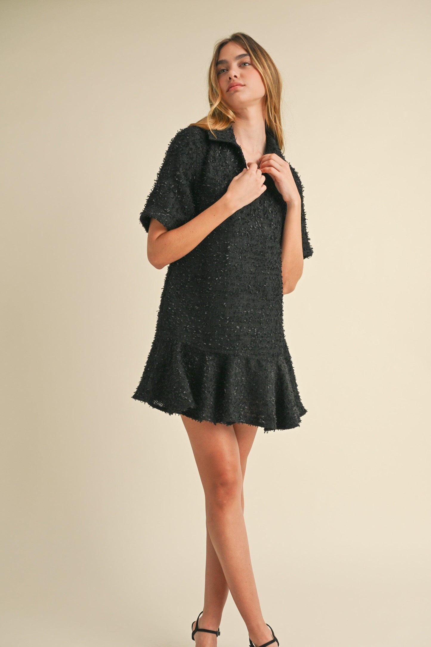 TWEED COLLAR RUFFLE HEM MINI DRESS mable 