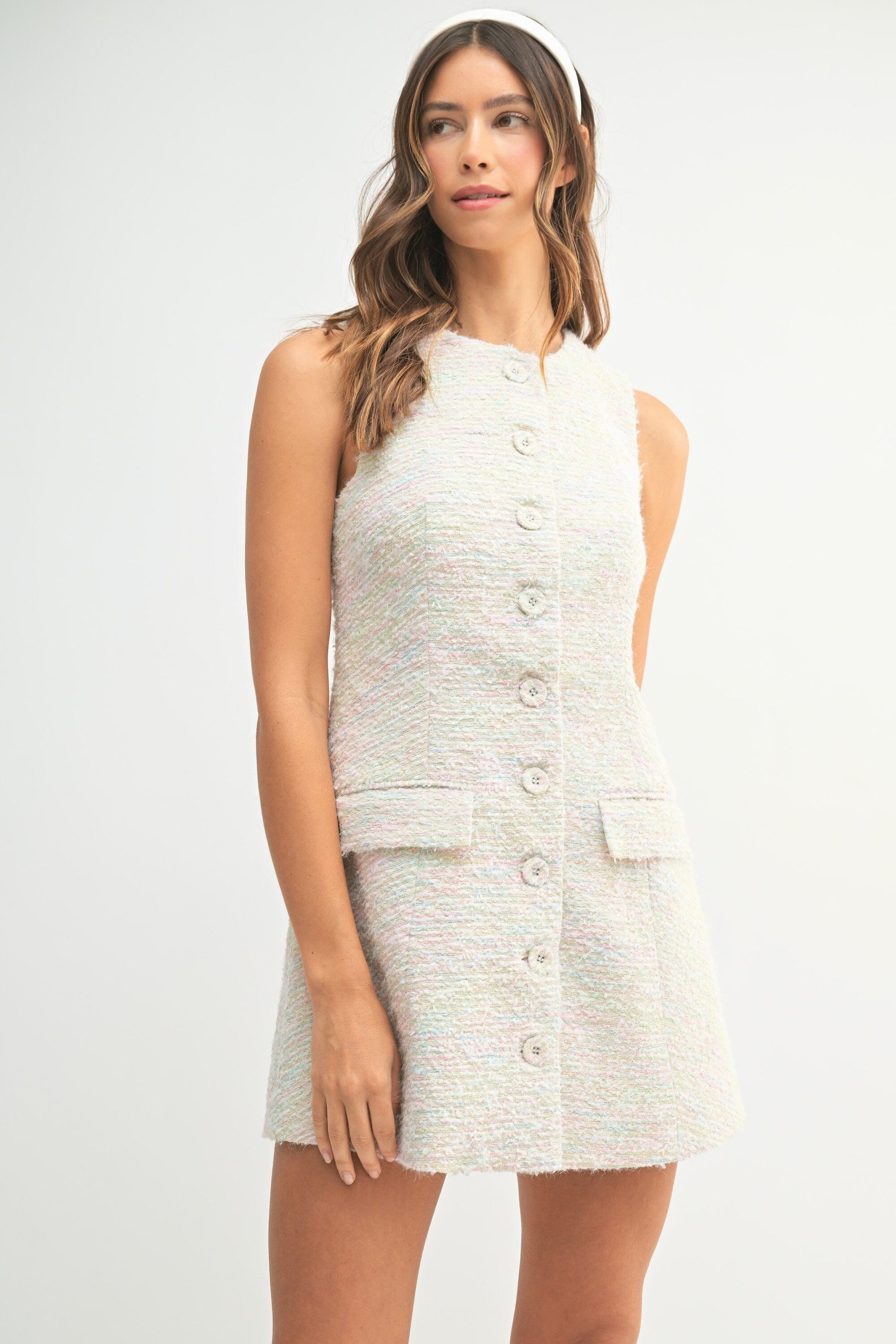 TWEED SLEEVELESS BUTTON DOWN MINI DRESS mable 