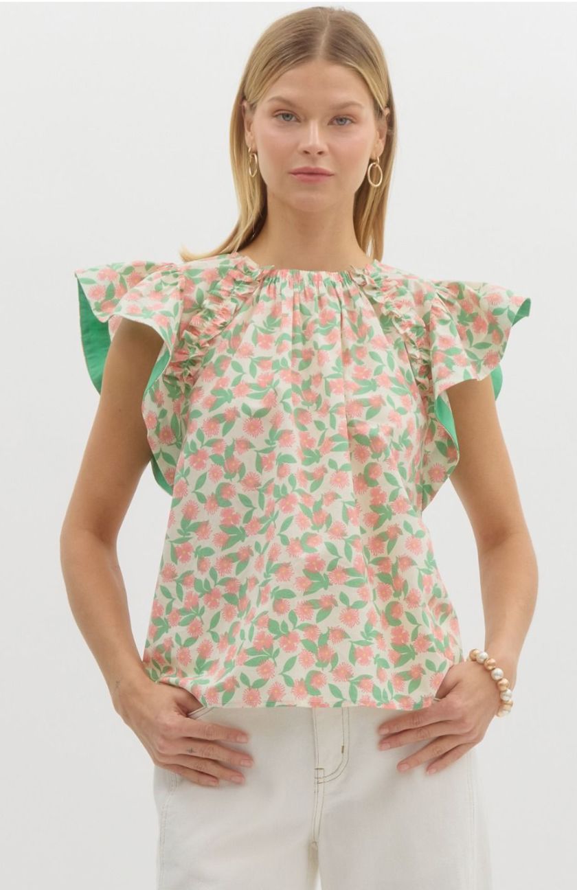 Two Tone Floral Flutter Sleeve Blouse entro 