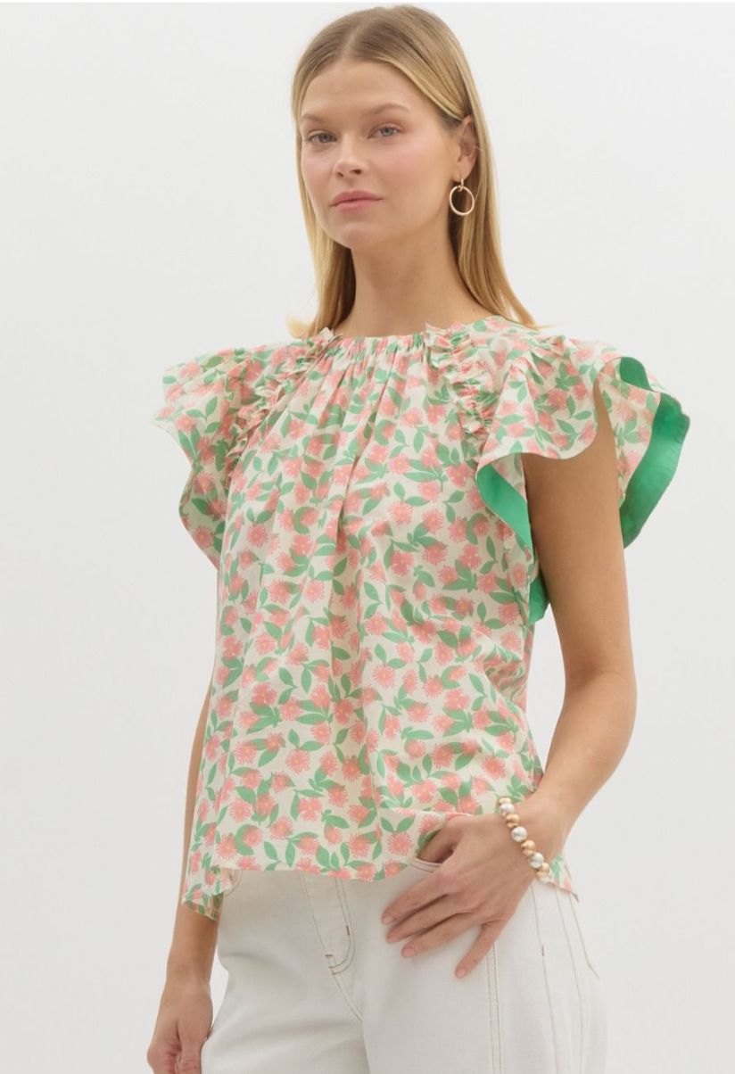 Two Tone Floral Flutter Sleeve Blouse entro 