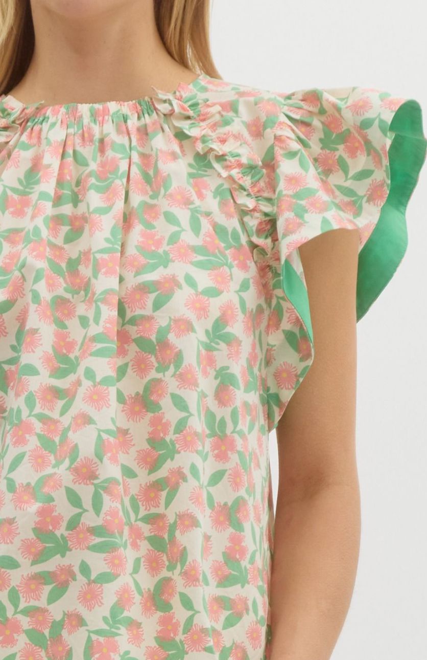 Two Tone Floral Flutter Sleeve Blouse entro 