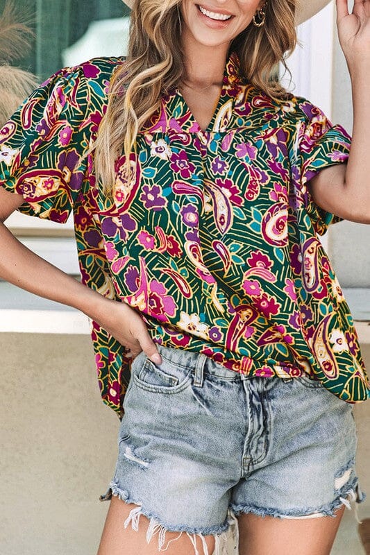 V-Neck Green Boho Paisley Top Kentce 
