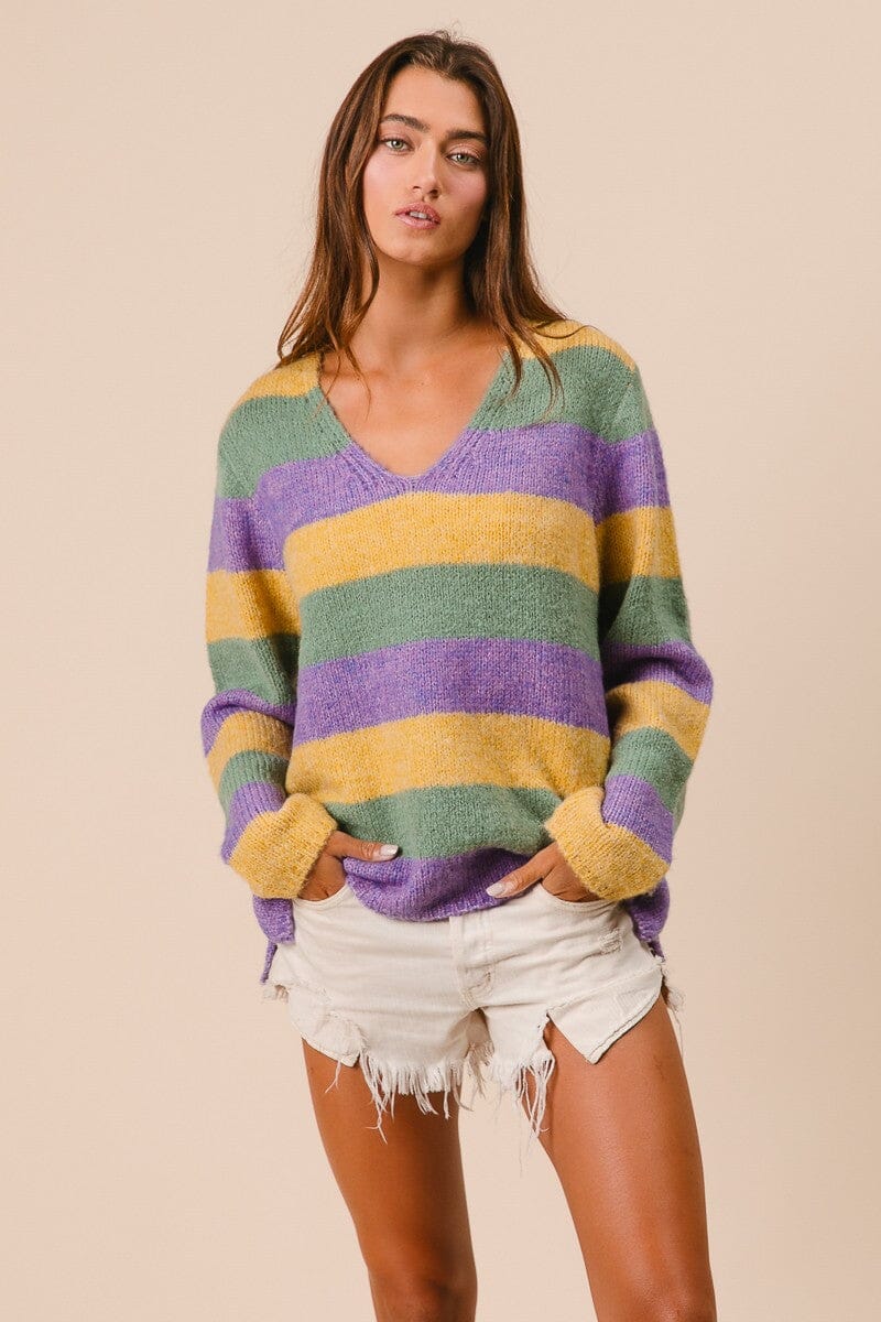 V-NECK MARDI GRAS STRIPES SWEATER bibi 