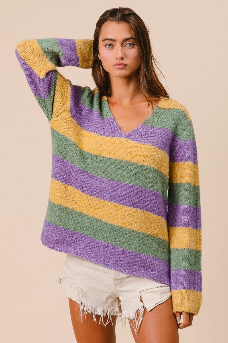 V-NECK MARDI GRAS STRIPES SWEATER bibi 