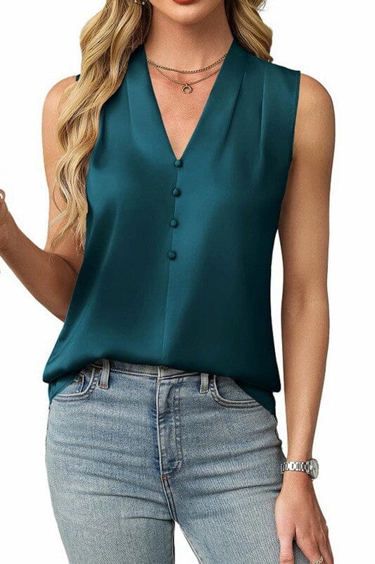 V-Neck Sleeveless Top with Button Detail Wholesalesir small Emerald 
