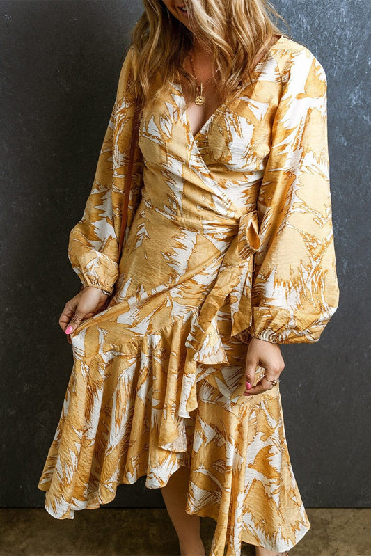 V Neck Wrap Lace up Bubble Sleeve Floral Dress sweet lover fashions 