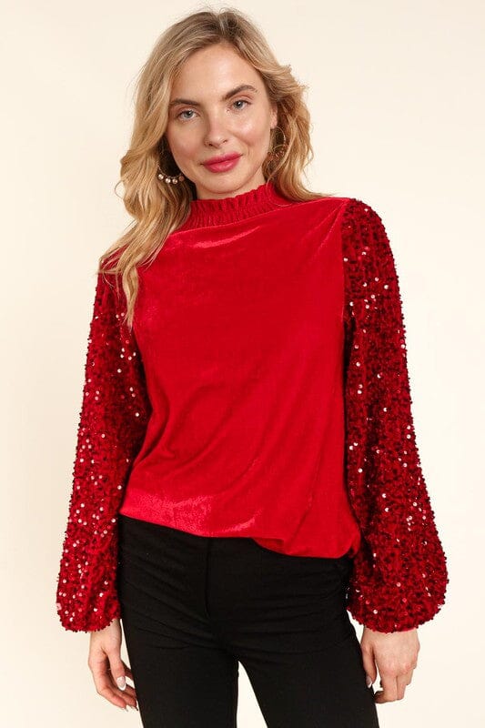 Velvet Mock Neck Top with Sequin Sleeves Haptics 