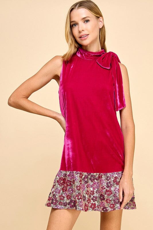 Velvet Tie Neck Dress with Floral Sequin Border TCEC 