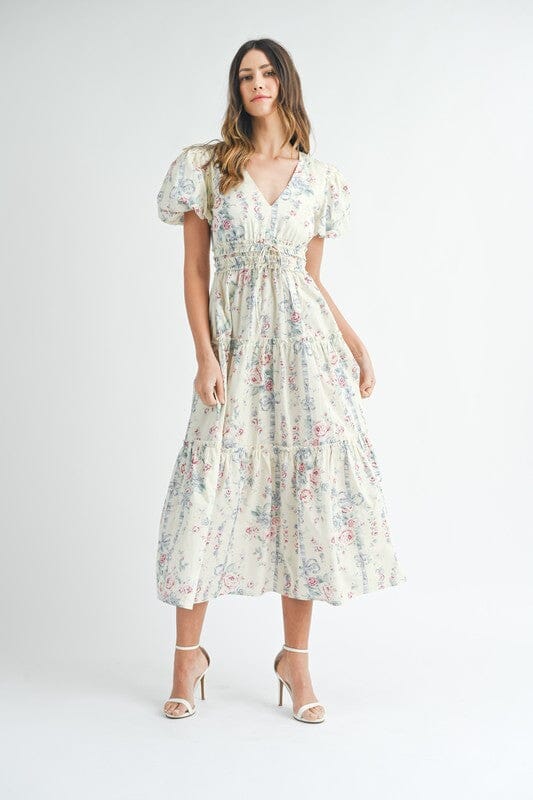 Vintage Floral Puff Sleeve Midi Mable 