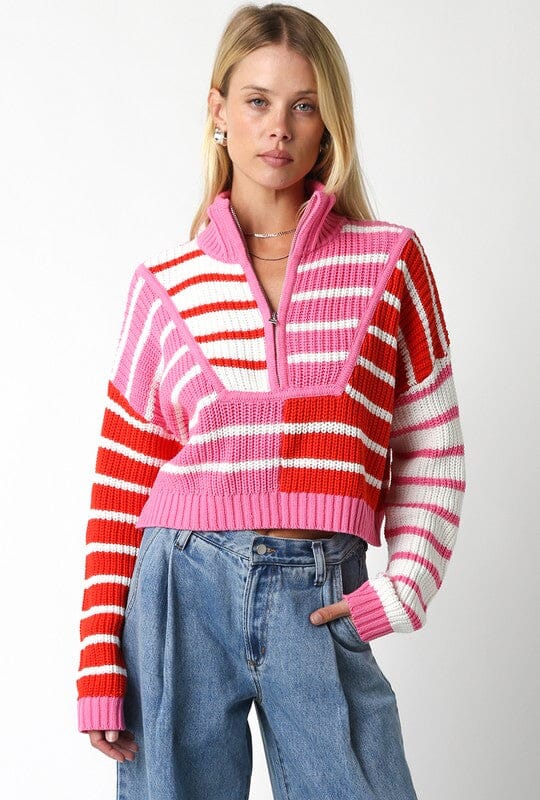 Vivienne Quarter Zip Striped Colorblock Sweater Olivaceous 