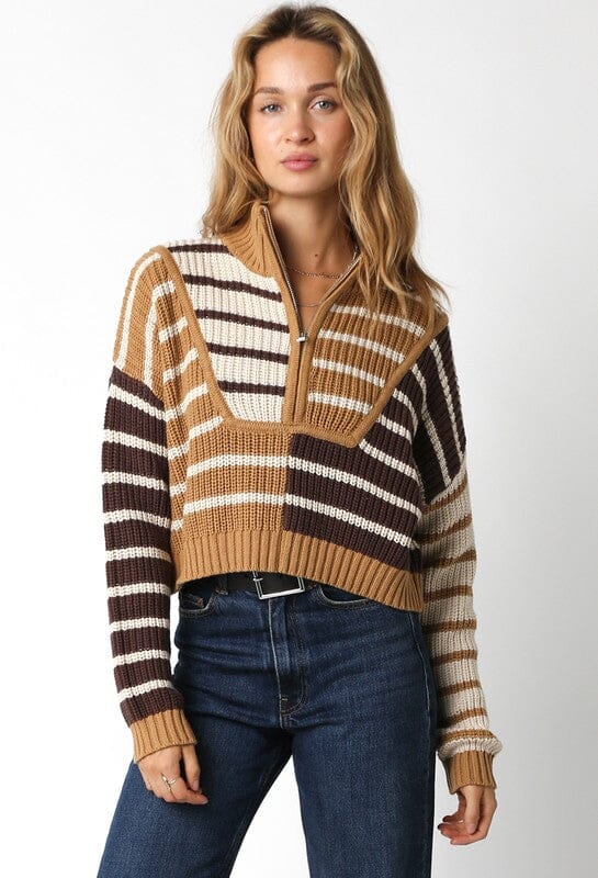 Vivienne Quarter Zip Striped Colorblock Sweater Olivaceous 