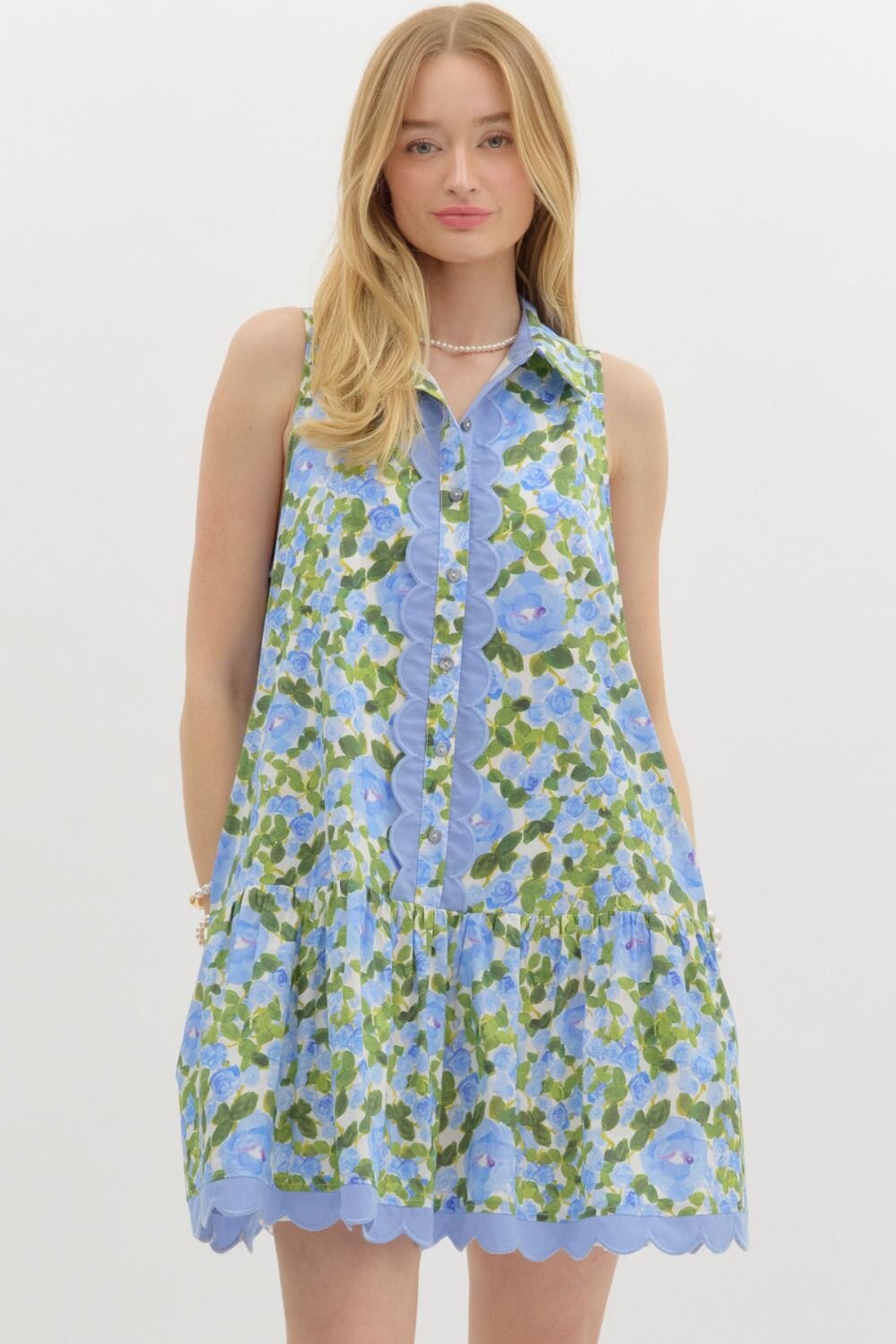 Watercolor Floral Collared Dress with Scalloped Trim Entro 